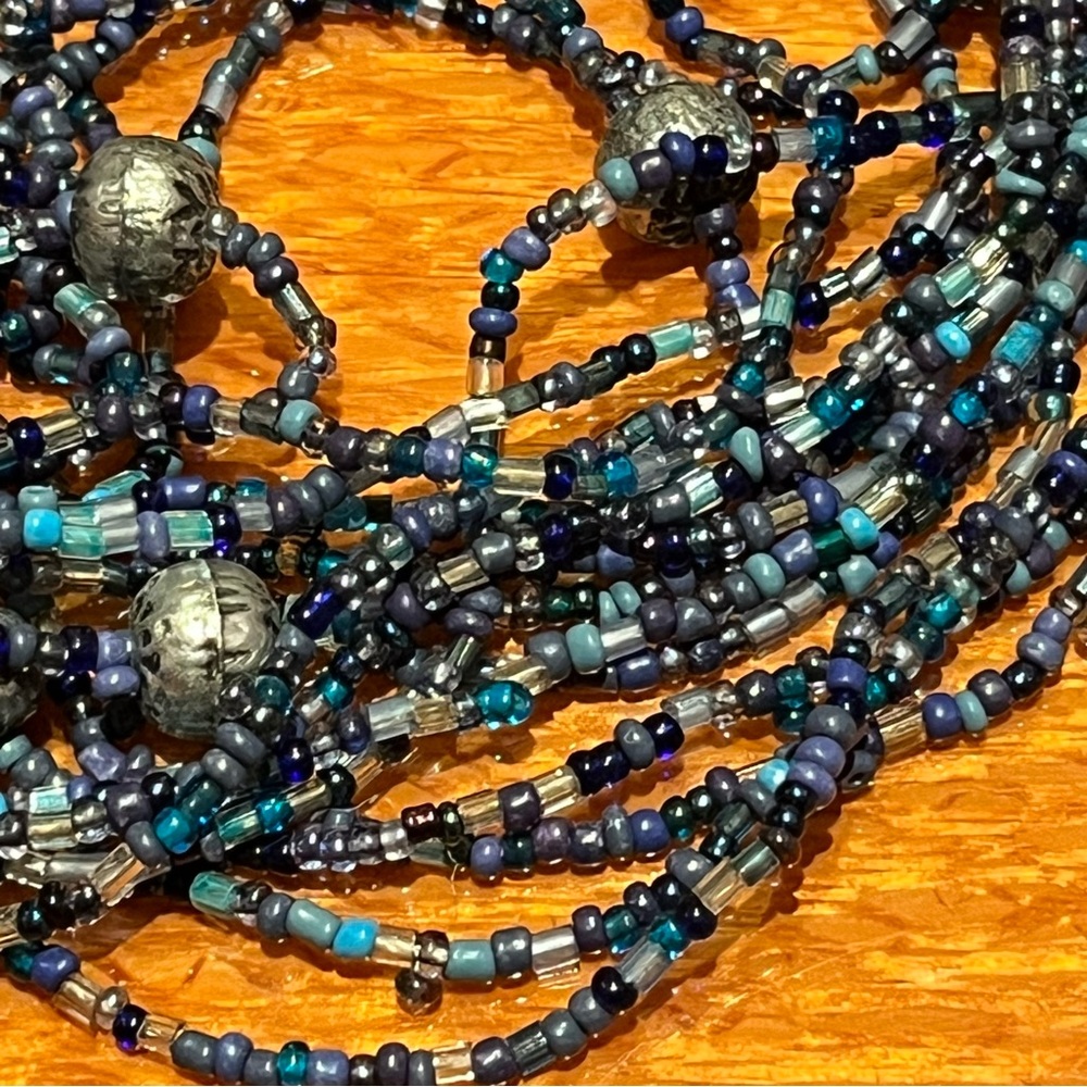 Necklace multistrand seed bead and aluminum beads blue